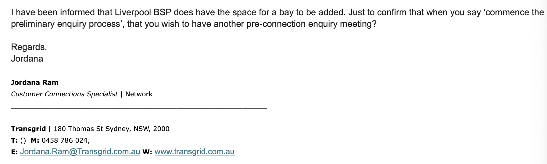Transgrid pre-enquiry reply confirming 330kV bay space available